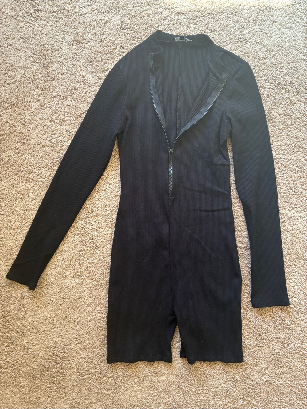 Fashion Nova Black Ribbed Zip-Front Long Sleeve Romper Jacket